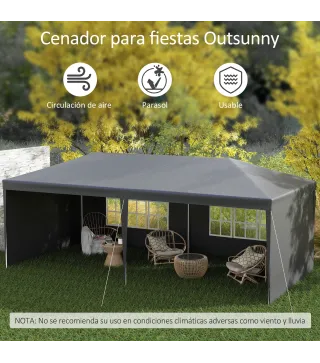 Carpa de Jardín 6x3m con 4 Paredes Laterales 2 Ventanas Visibles Cenador Gazebo de Exterior para Fiestas Eventos Gris