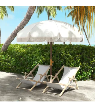 Sombrilla de Playa con Flecos Ø190x210 cm con 8 Varillas Apertura Manual Anti-UV Impermeable y Bolsa de Transporte Gris