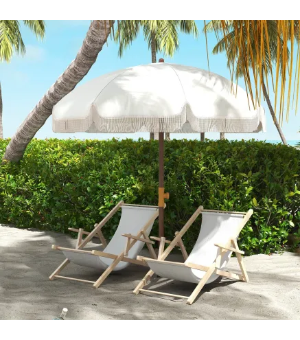 Sombrilla de Playa con Flecos Ø190x210 cm con 8 Varillas Apertura Manual Anti-UV Impermeable y Bolsa de Transporte Gris