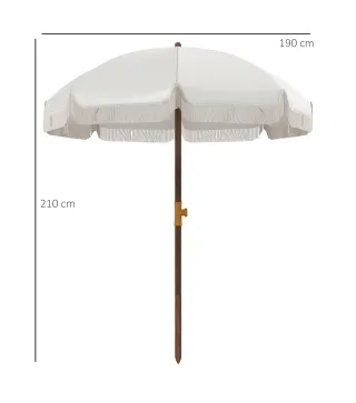 Sombrilla de Playa con Flecos Ø190x210 cm con 8 Varillas Apertura Manual Anti-UV Impermeable y Bolsa de Transporte Gris