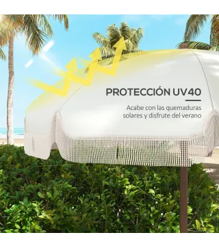 Sombrilla de Playa con Flecos Ø190x210 cm con 8 Varillas Apertura Manual Anti-UV Impermeable y Bolsa de Transporte Gris