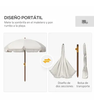 Sombrilla de Playa con Flecos Ø190x210 cm con 8 Varillas Apertura Manual Anti-UV Impermeable y Bolsa de Transporte Gris