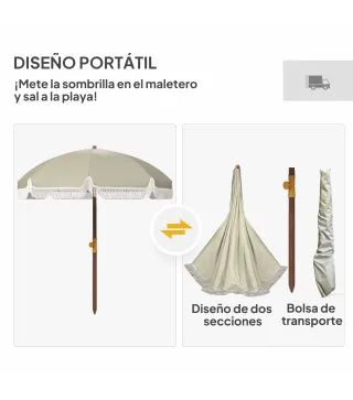 Sombrilla de Playa con Flecos Ø190x210 cm con Protección UV40+ Antiviento Impermeable y Bolsa de Transporte Verde