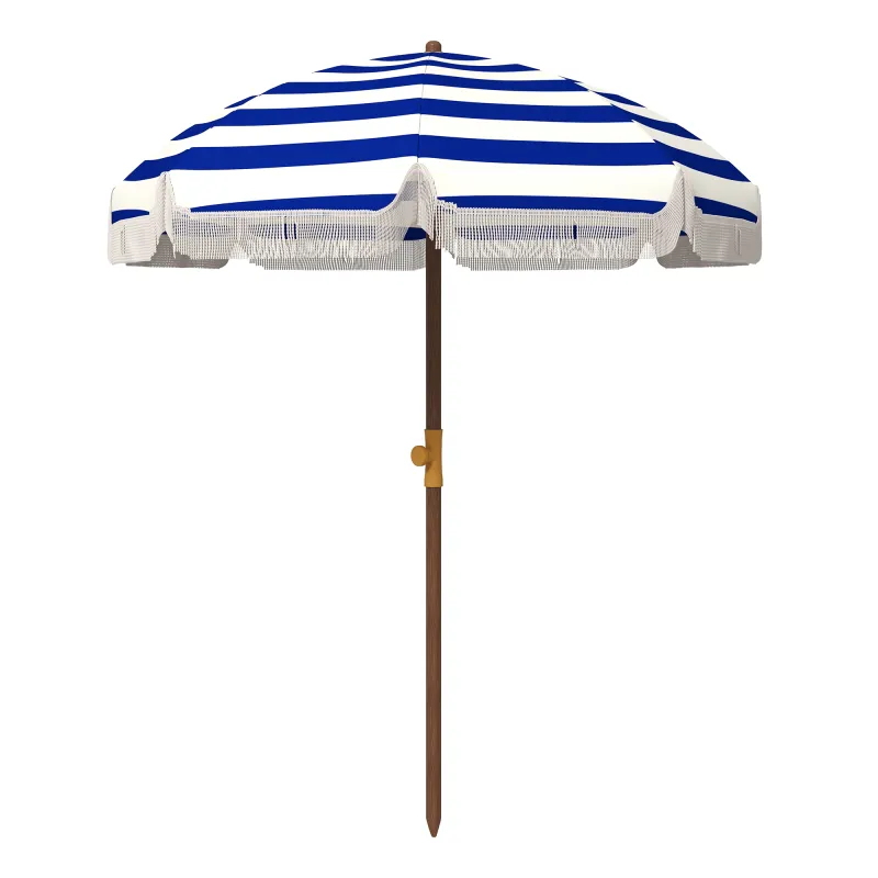 Sombrilla de Playa con Flecos Ø190x210 cm con Protección UV40+ Antiviento Impermeable Bolsa de Transporte Azul y Blanco