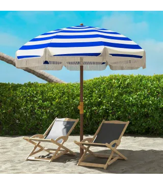 Sombrilla de Playa con Flecos Ø190x210 cm con Protección UV40+ Antiviento Impermeable Bolsa de Transporte Azul y Blanco