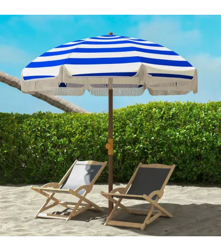 Sombrilla de Playa con Flecos Ø190x210 cm con Protección UV40+ Antiviento Impermeable Bolsa de Transporte Azul y Blanco
