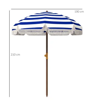 Sombrilla de Playa con Flecos Ø190x210 cm con Protección UV40+ Antiviento Impermeable Bolsa de Transporte Azul y Blanco