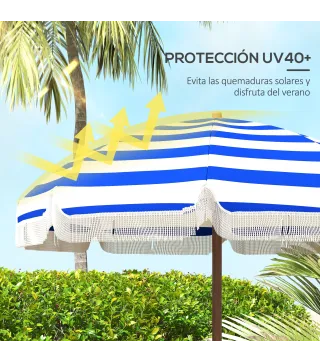 Sombrilla de Playa con Flecos Ø190x210 cm con Protección UV40+ Antiviento Impermeable Bolsa de Transporte Azul y Blanco