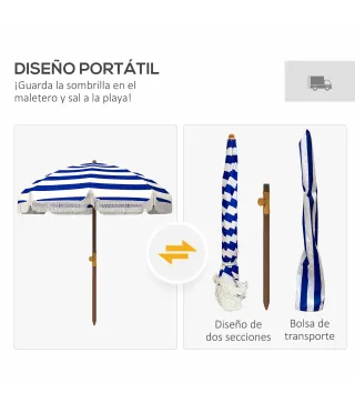 Sombrilla de Playa con Flecos Ø190x210 cm con Protección UV40+ Antiviento Impermeable Bolsa de Transporte Azul y Blanco