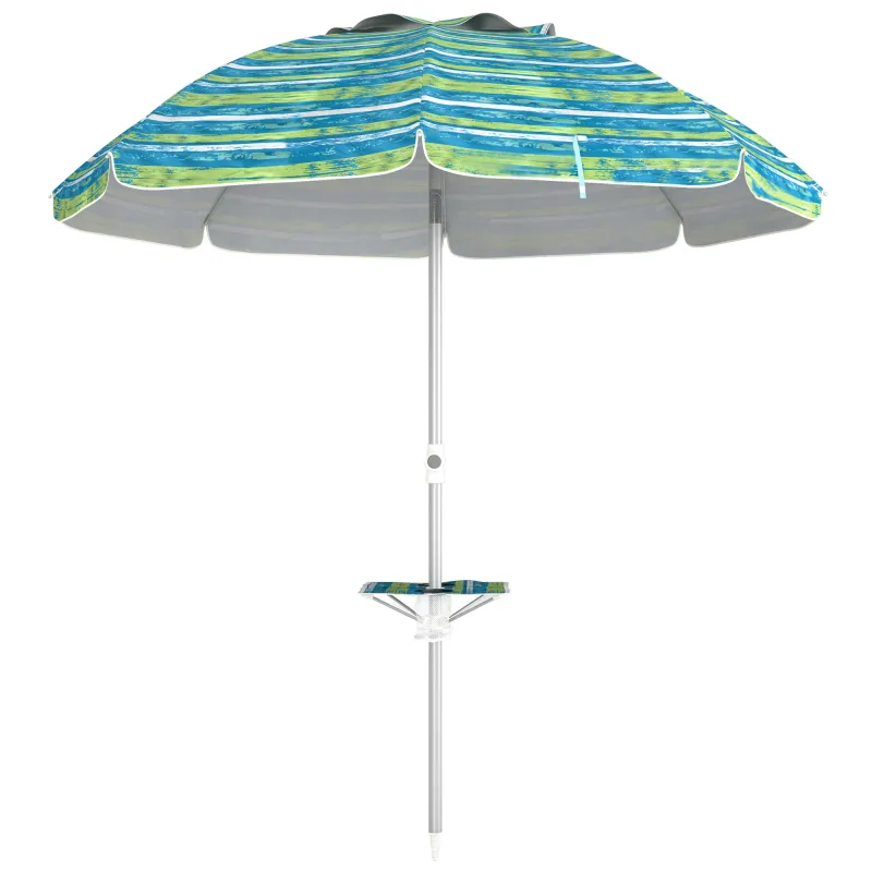 Sombrilla de Playa Ø190x215 cm con Reclinación 45° Altura Ajustable y Mesa con Portavasos Anti-UV Impermeable Multicolor
