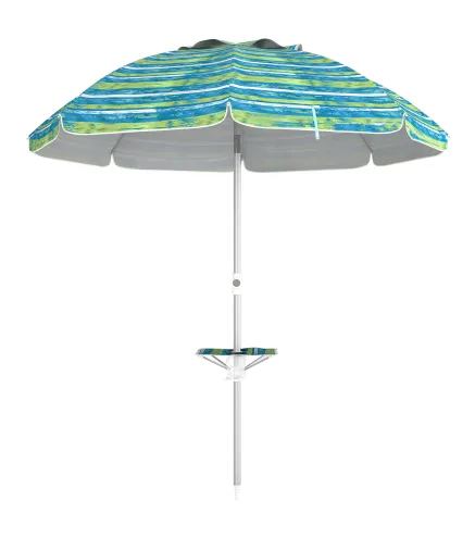 Sombrilla de Playa Ø190x215 cm con Reclinación 45° Altura Ajustable y Mesa con Portavasos Anti-UV Impermeable Multicolor