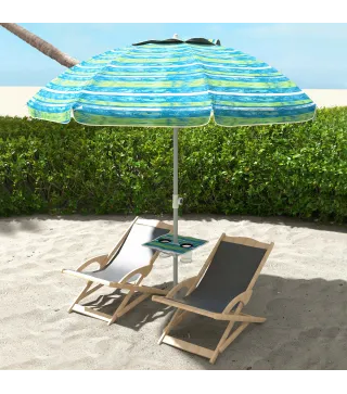 Sombrilla de Playa Ø190x215 cm con Reclinación 45° Altura Ajustable y Mesa con Portavasos Anti-UV Impermeable Multicolor
