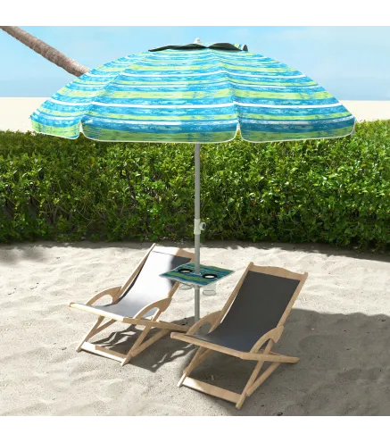Sombrilla de Playa Ø190x215 cm con Reclinación 45° Altura Ajustable y Mesa con Portavasos Anti-UV Impermeable Multicolor