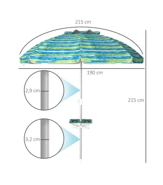 Sombrilla de Playa Ø190x215 cm con Reclinación 45° Altura Ajustable y Mesa con Portavasos Anti-UV Impermeable Multicolor