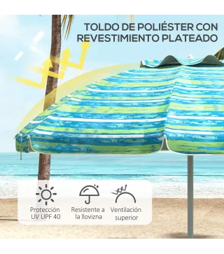 Sombrilla de Playa Ø190x215 cm con Reclinación 45° Altura Ajustable y Mesa con Portavasos Anti-UV Impermeable Multicolor