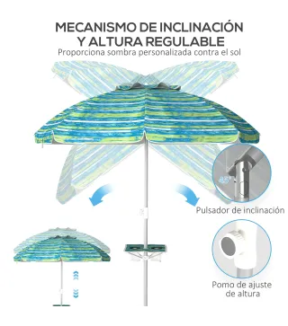 Sombrilla de Playa Ø190x215 cm con Reclinación 45° Altura Ajustable y Mesa con Portavasos Anti-UV Impermeable Multicolor
