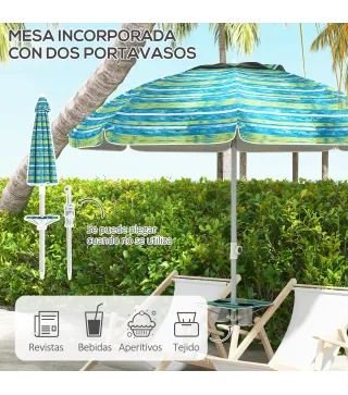 Sombrilla de Playa Ø190x215 cm con Reclinación 45° Altura Ajustable y Mesa con Portavasos Anti-UV Impermeable Multicolor