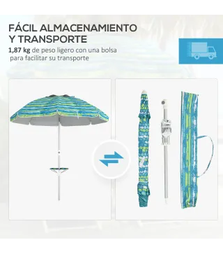 Sombrilla de Playa Ø190x215 cm con Reclinación 45° Altura Ajustable y Mesa con Portavasos Anti-UV Impermeable Multicolor
