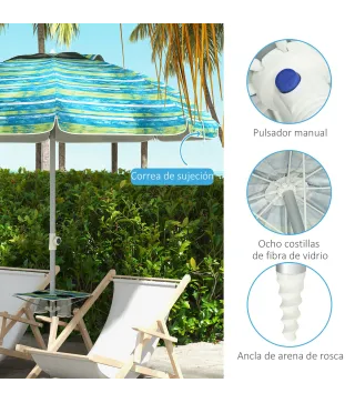Sombrilla de Playa Ø190x215 cm con Reclinación 45° Altura Ajustable y Mesa con Portavasos Anti-UV Impermeable Multicolor
