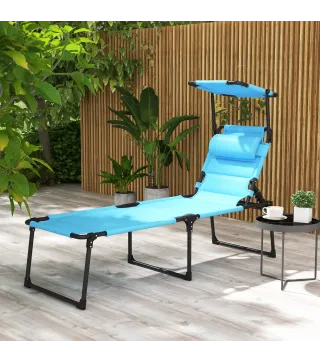 Tumbona de Jardín con Toldo Ajustable Respaldo Regulable 4 Niveles Reposacabezas para Terraza 70x200x45 cm Azul Claro