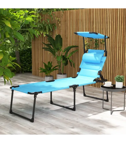 Tumbona de Jardín con Toldo Ajustable Respaldo Regulable 4 Niveles Reposacabezas para Terraza 70x200x45 cm Azul Claro