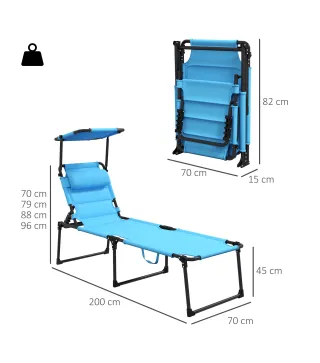 Tumbona de Jardín con Toldo Ajustable Respaldo Regulable 4 Niveles Reposacabezas para Terraza 70x200x45 cm Azul Claro