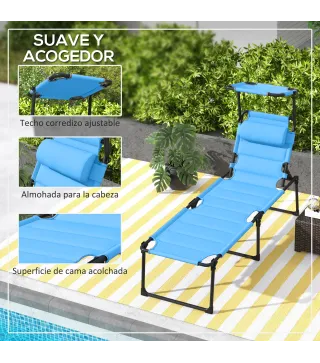 Tumbona de Jardín con Toldo Ajustable Respaldo Regulable 4 Niveles Reposacabezas para Terraza 70x200x45 cm Azul Claro