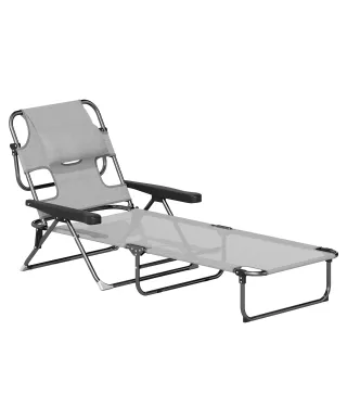 Tumbona Plegable Respaldo Ajustable Orificio de Lectura Reposacabezas y Brazos Carga 120 kg 145x72x89 cm Gris Oscuro