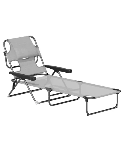 Tumbona Plegable Respaldo Ajustable Orificio de Lectura Reposacabezas y Brazos Carga 120 kg 145x72x89 cm Gris Oscuro