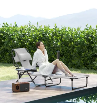 Tumbona Plegable Respaldo Ajustable Orificio de Lectura Reposacabezas y Brazos Carga 120 kg 145x72x89 cm Gris Oscuro