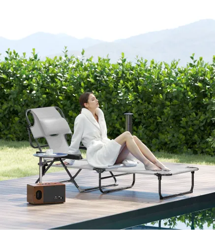 Tumbona Plegable Respaldo Ajustable Orificio de Lectura Reposacabezas y Brazos Carga 120 kg 145x72x89 cm Gris Oscuro