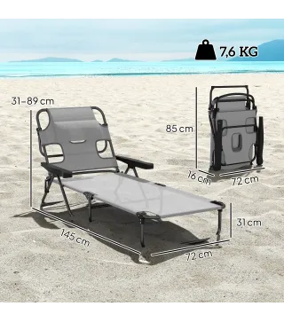 Tumbona Plegable Respaldo Ajustable Orificio de Lectura Reposacabezas y Brazos Carga 120 kg 145x72x89 cm Gris Oscuro