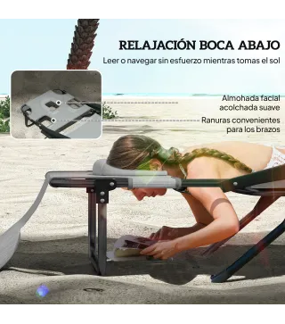 Tumbona Plegable Respaldo Ajustable Orificio de Lectura Reposacabezas y Brazos Carga 120 kg 145x72x89 cm Gris Oscuro