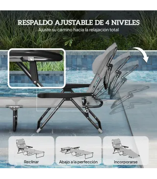 Tumbona Plegable Respaldo Ajustable Orificio de Lectura Reposacabezas y Brazos Carga 120 kg 145x72x89 cm Gris Oscuro