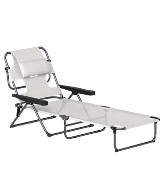 Tumbona de Jardín Plegable con Respaldo Ajustable en 4 Niveles Orificio de Lectura y Reposacabezas 194x72x31 cm Crema