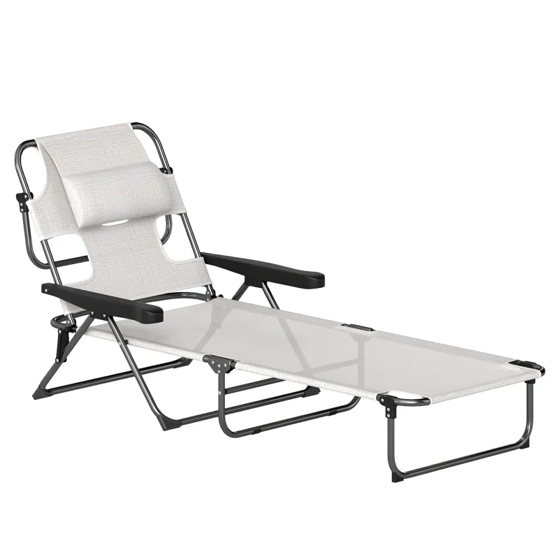 Tumbona de Jardín Plegable con Respaldo Ajustable en 4 Niveles Orificio de Lectura y Reposacabezas 145x72x89 cm Crema