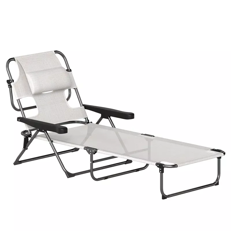 Tumbona de Jardín Plegable con Respaldo Ajustable en 4 Niveles Orificio de Lectura y Reposacabezas 145x72x89 cm Crema