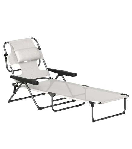 Tumbona de Jardín Plegable con Respaldo Ajustable en 4 Niveles Orificio de Lectura y Reposacabezas 145x72x89 cm Crema