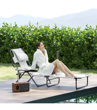 Tumbona de Jardín Plegable con Respaldo Ajustable en 4 Niveles Orificio de Lectura y Reposacabezas 145x72x89 cm Crema