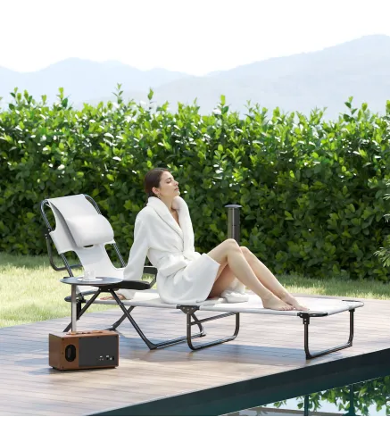 Tumbona de Jardín Plegable con Respaldo Ajustable en 4 Niveles Orificio de Lectura y Reposacabezas 145x72x89 cm Crema