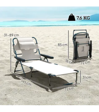 Tumbona de Jardín Plegable con Respaldo Ajustable en 4 Niveles Orificio de Lectura y Reposacabezas 194x72x31 cm Crema