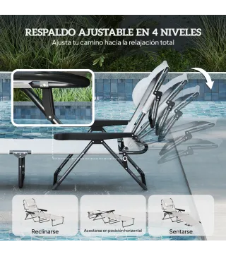 Tumbona de Jardín Plegable con Respaldo Ajustable en 4 Niveles Orificio de Lectura y Reposacabezas 194x72x31 cm Crema