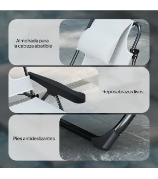 Tumbona de Jardín Plegable con Respaldo Ajustable en 4 Niveles Orificio de Lectura y Reposacabezas 194x72x31 cm Crema