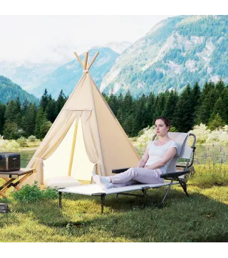 Tumbona de Jardín Plegable con Respaldo Ajustable en 4 Niveles Orificio de Lectura y Reposacabezas 194x72x31 cm Crema