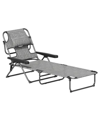 Tumbona de Jardín Plegable con Respaldo Ajustable en 4 Niveles Orificio de Lectura y Reposacabezas 194x72x31 cm Gris