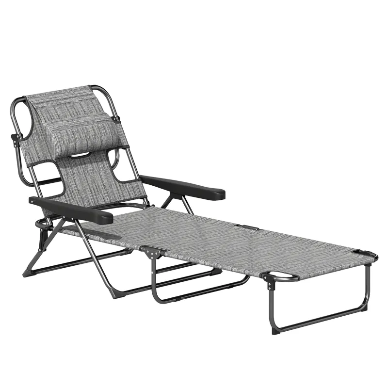 Tumbona de Jardín Plegable con Respaldo Ajustable en 4 Niveles Orificio de Lectura y Reposacabezas 145x72x89 cm Gris