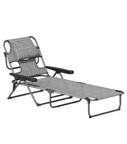 Tumbona de Jardín Plegable con Respaldo Ajustable en 4 Niveles Orificio de Lectura y Reposacabezas 194x72x31 cm Gris
