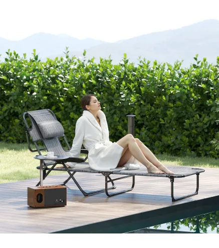 Tumbona de Jardín Plegable con Respaldo Ajustable en 4 Niveles Orificio de Lectura y Reposacabezas 145x72x89 cm Gris