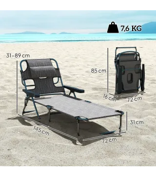 Tumbona de Jardín Plegable con Respaldo Ajustable en 4 Niveles Orificio de Lectura y Reposacabezas 194x72x31 cm Gris