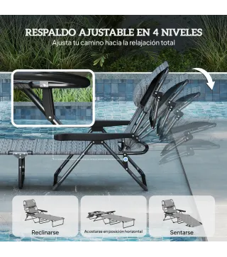 Tumbona de Jardín Plegable con Respaldo Ajustable en 4 Niveles Orificio de Lectura y Reposacabezas 194x72x31 cm Gris